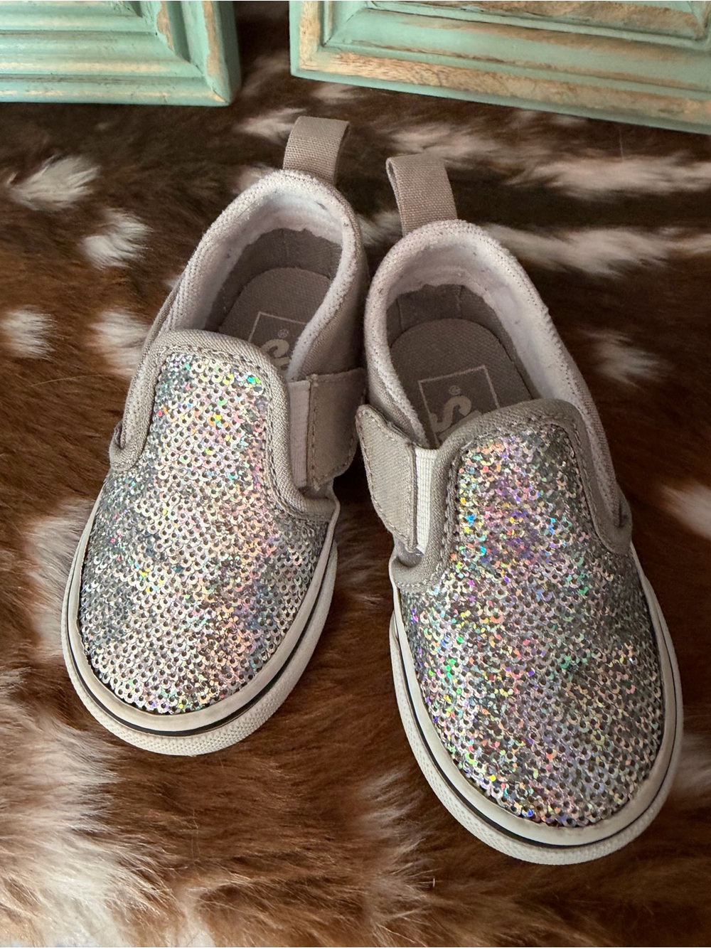 Vans Girls' Holographic Silver Sequin Slip-On Sneakers